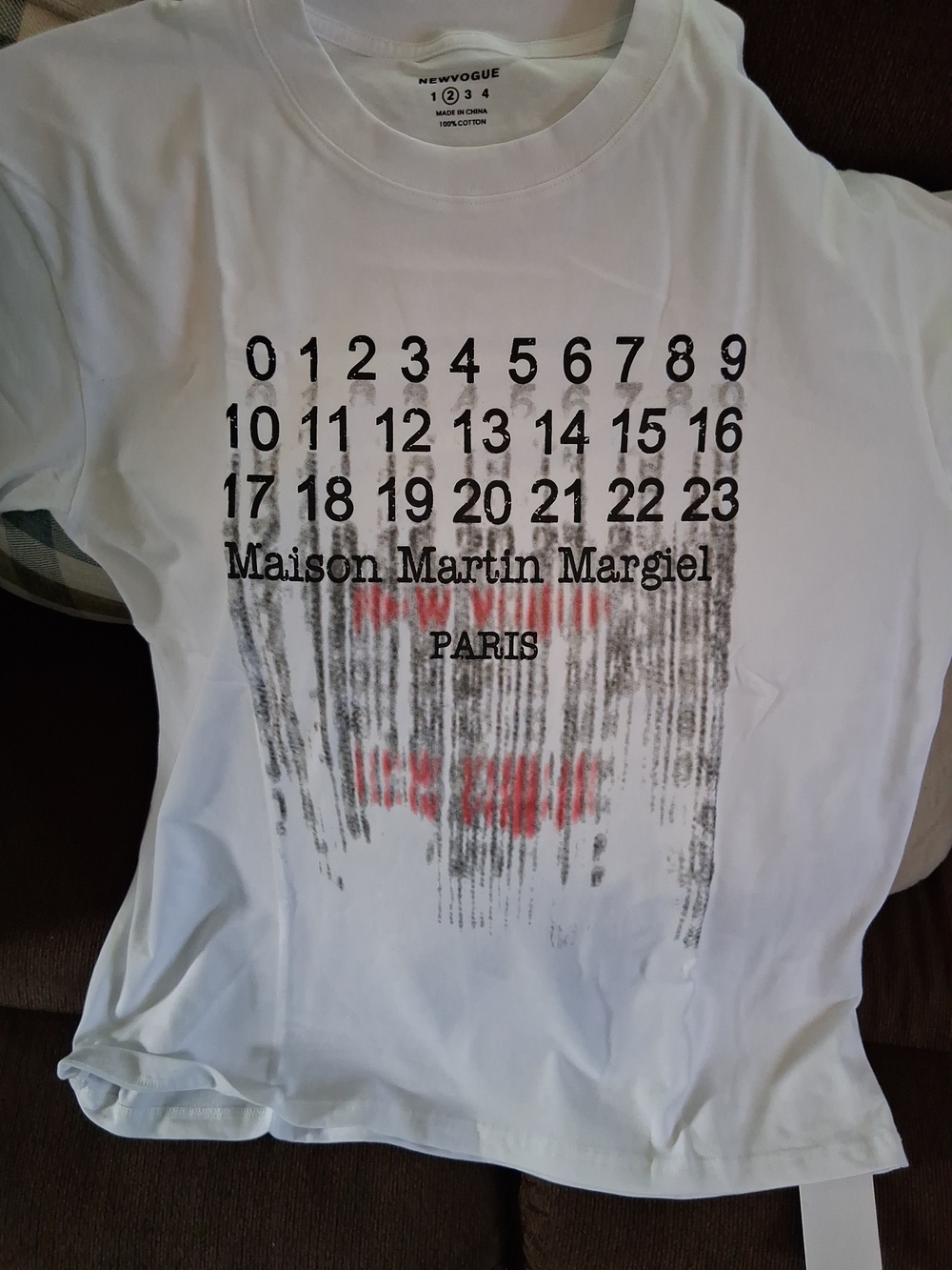 Maison Martin Margiela White Tee with Black Numeric Graphic and Red Accents